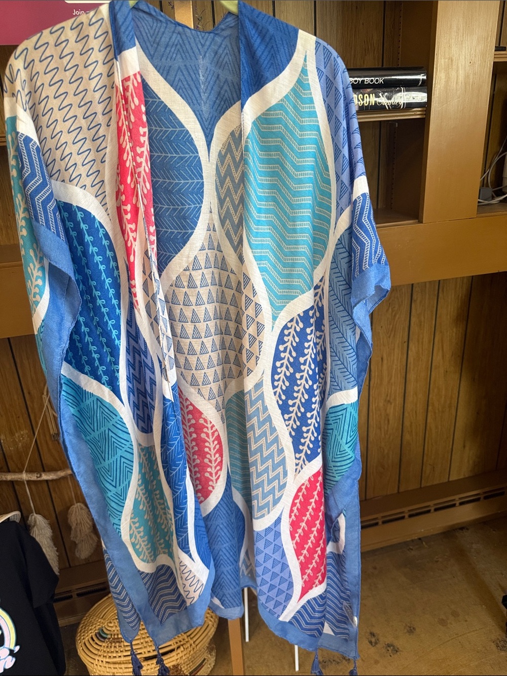 Colorful Blue & Coral Patterned Kimono Cover-Up